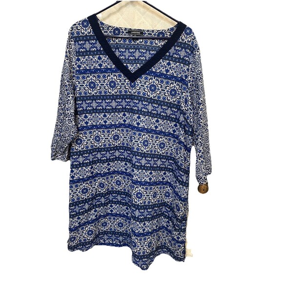 Lands' End Blue Floral 3/4 Sleeve Cotton V Neck Knee Length Casual Dress 2X - Picture 1 of 5